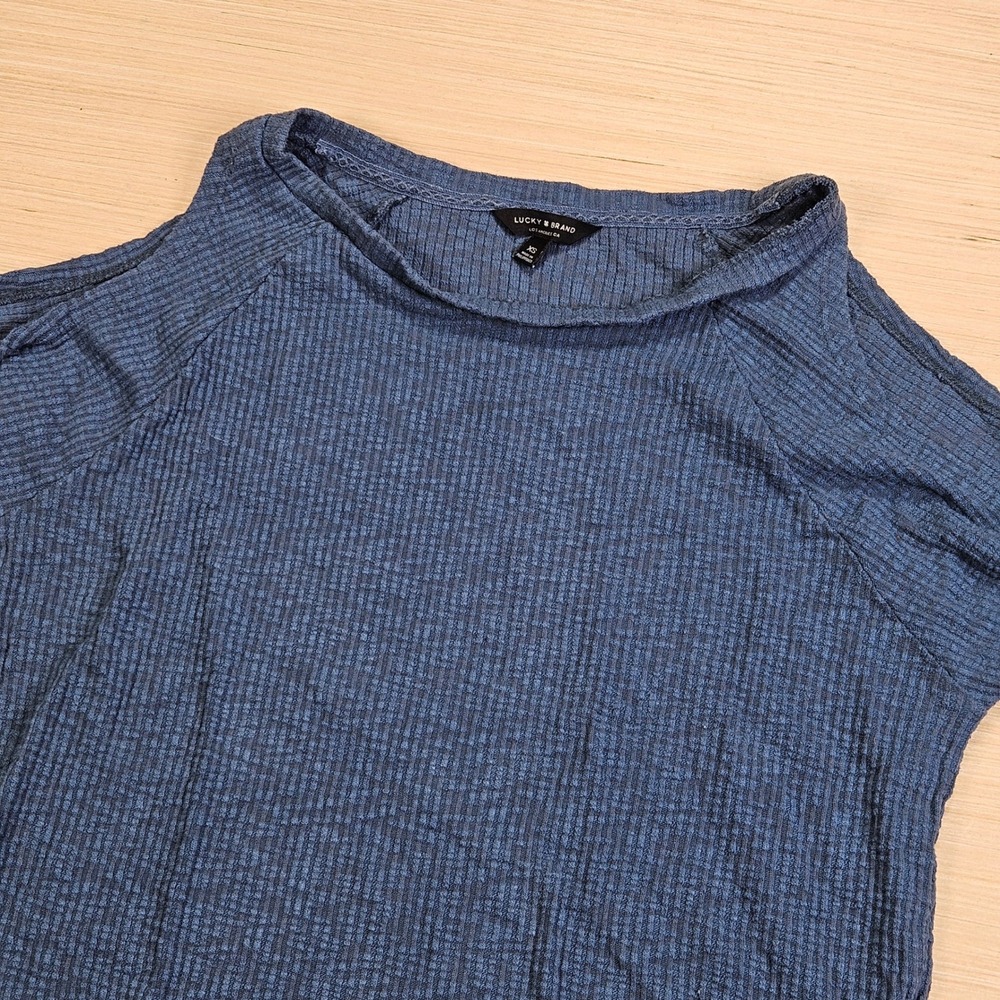 Lucky Brand Cold Shoulder Top Women XS Blue Tie Sleeve Ribbed Knit Boho Casual